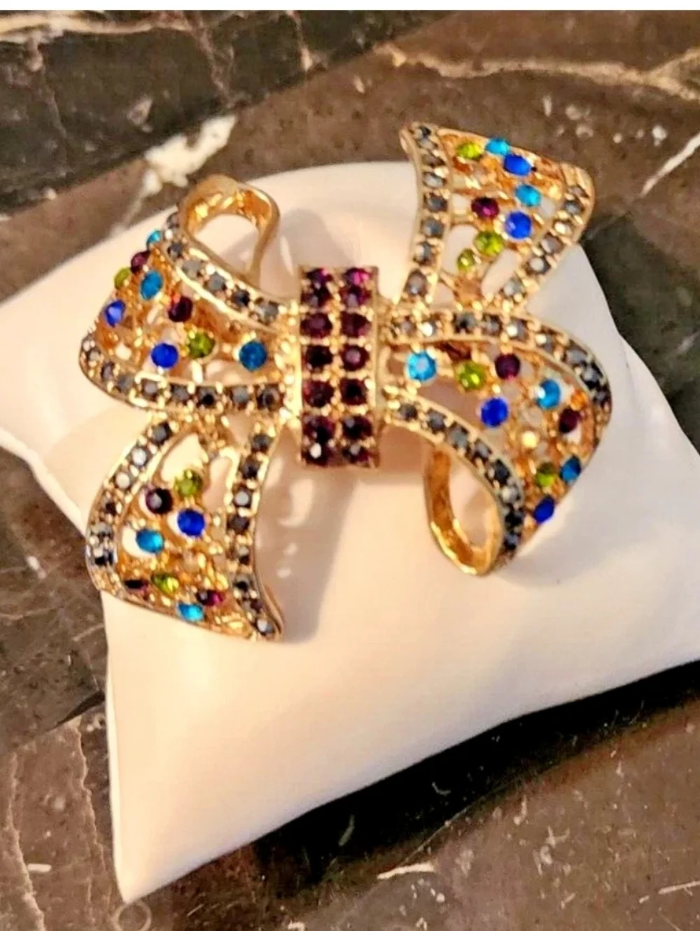 Bow Vintage Brooch  Gold Tone with Multicolor Rhinestones - Picture 9 of 10